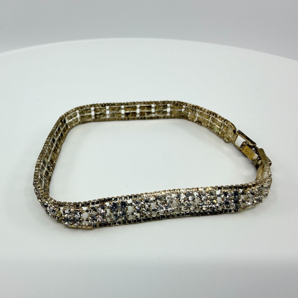 Vtg Silver Tone Multi Row Rhinestone Tennis Bracelet Deco Y2K